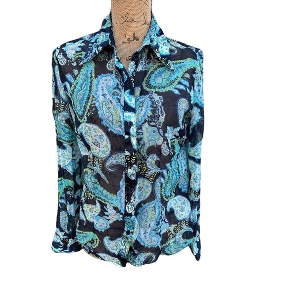 🌸3/$15🌸Sheer Black and Blue Paisley Button Up Blouse Juniors 11/13 - Picture 1 of 6